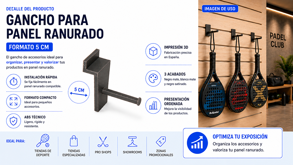 Gancho para painel ranhurado de 5 cm em ABS com instala&ccedil;&atilde;o e exposi&ccedil;&atilde;o de raquetes de padel